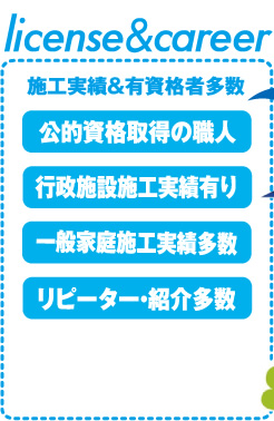 施工実績&有資格者多数「公的資格取得の職人」「行政施設施工実績有り」「一般家庭施工実績多数」「リピーター・紹介多数」